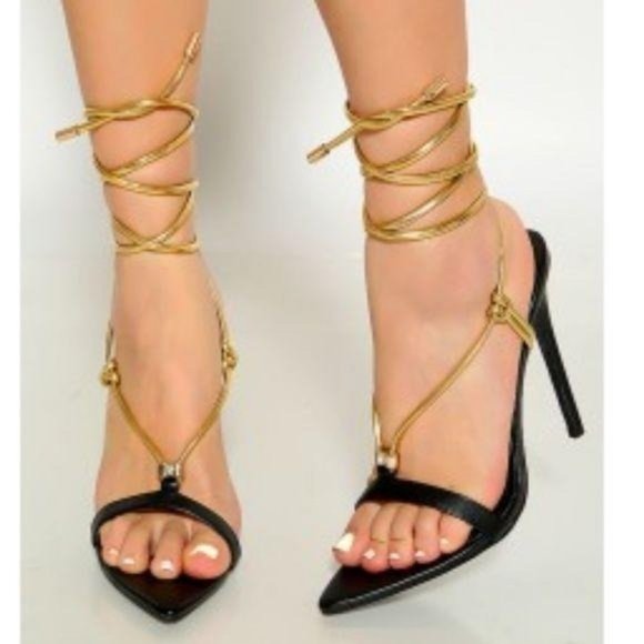 Black & Gold Ankle Wrap Heels - Picture 3 of 8